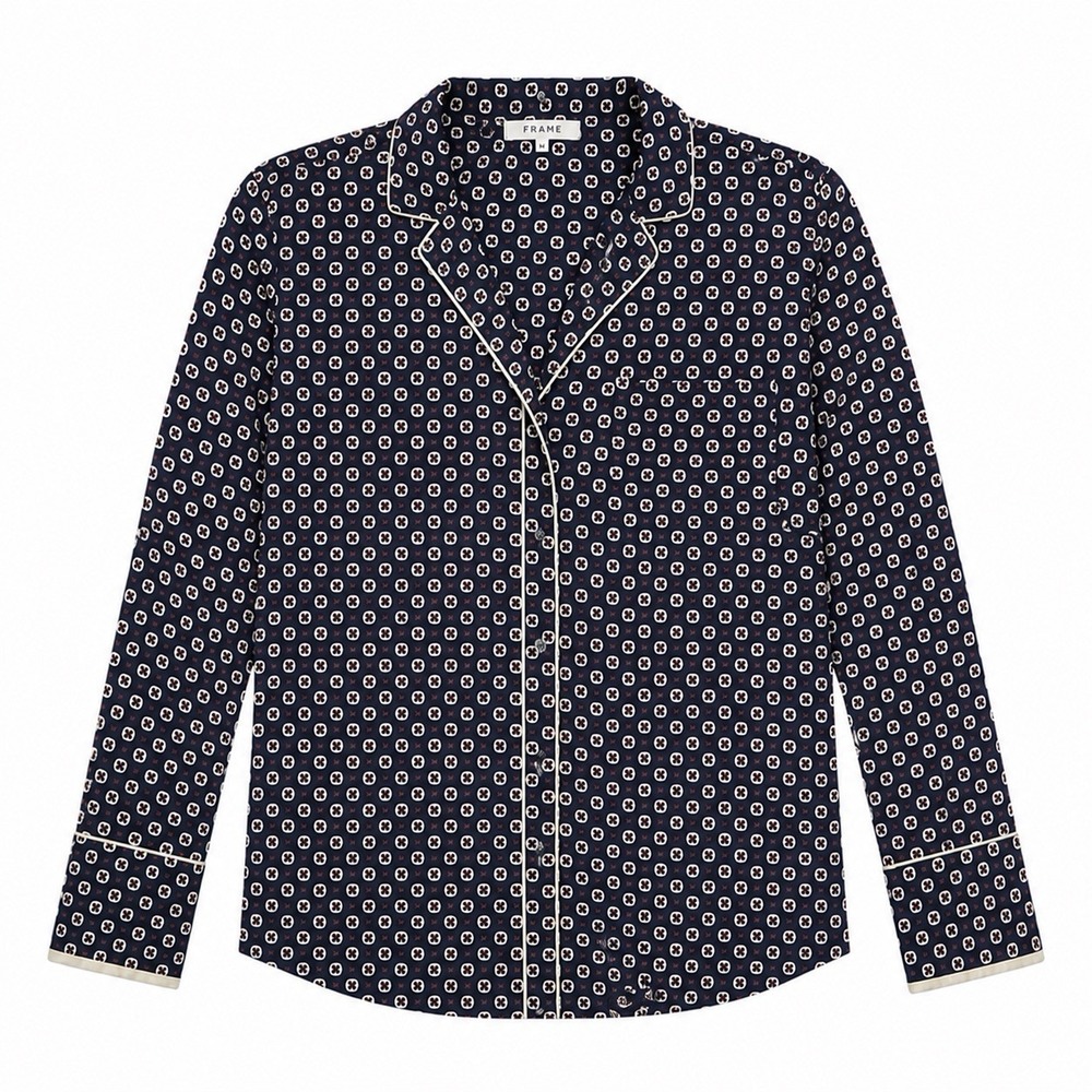 FRAME Silk Pajama Shirt Women's M Navy Multi Print Button Front Top